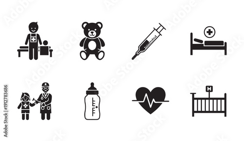 Simple black healthcare icons set on white background