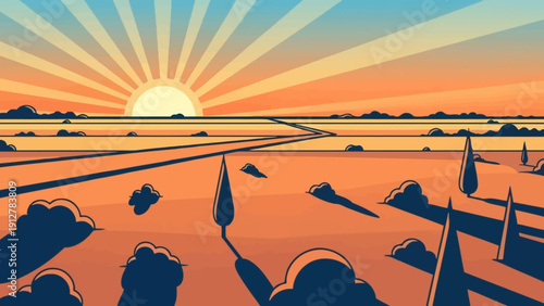 Stylized vector landscape at sunrise or sunset. Rural road through fields with a radiant sun and dramatic long shadows