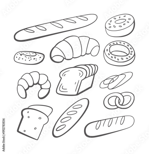 Black and line of assorted baked goods including bread bagels and croissants loaf