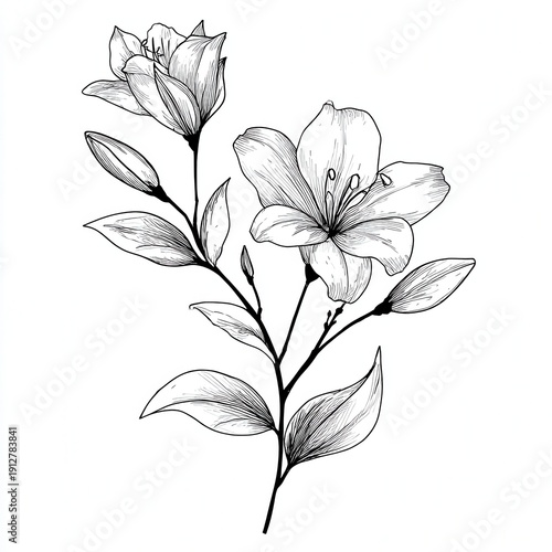 Sketch of flowers in black and white showing petals and leaves on a simple branch with buds in a natural setting