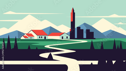 Scenic flat design landscape with a winding path connecting rural homes to a modern city and majestic mountains under a clear sky, symbolizing journey and contrast