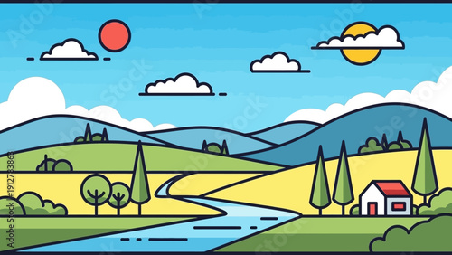 Scenic countryside landscape with rolling hills, a winding river, and a small white house surrounded by trees under a bright blue sky with fluffy clouds and a sun