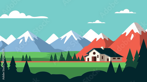 Charming flat design illustration of a tranquil mountain landscape, showcasing a cozy house nestled amidst snow-capped peaks and vibrant green fields