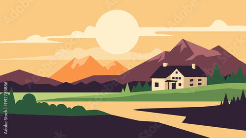 Idyllic rural landscape illustration at sunset, featuring a charming house nestled amidst majestic mountains and a flowing river under a warm sky