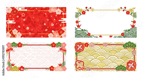 Set of four traditional Japanese decorative frames, adorned with elegant floral motifs, classic wave patterns, and pine branches, ideal for New Year greetings and festive celebrations