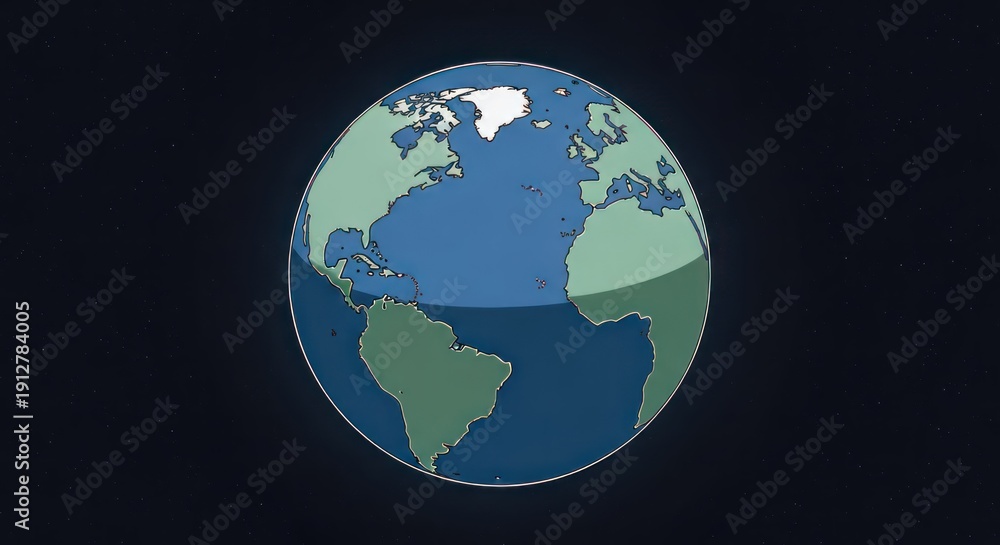 Fototapeta premium An illustration of the Earth with a focus on the polar regions, depicted in a dark background with a gradient of blue and green colors representing the oceans and landmasses.