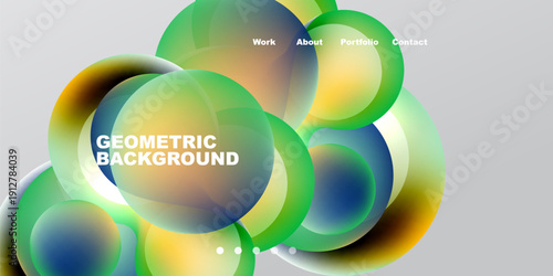 Abstract colorful shapes overlap, creating dynamic visual effect. Text elements present work, about, portfolio, contact. Gradient hues dominate composition.