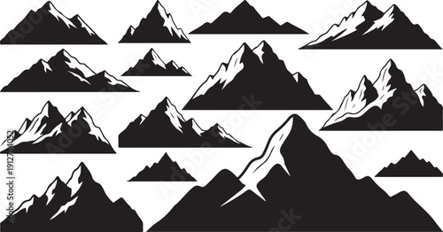 Collection of Black and White Mountain Silhouette Graphics Icons