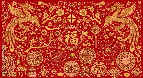 Vibrant East Asian cultural pattern Golden phoenixes, auspicious fortune symbols, floral designs, and prosperity motifs on a rich red background