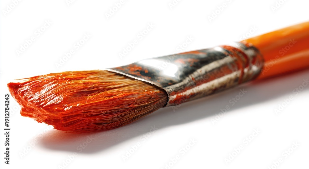 Fototapeta premium Close up of an orange paintbrush against a stark white background