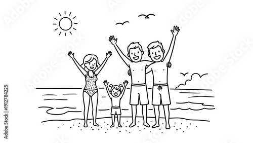Happy family on beach: joyful cartoon doodle with sun and sea