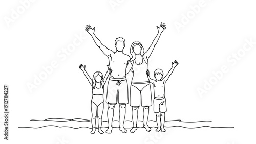 Happy family on beach embracing summer fun in line art