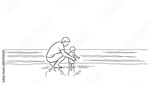Father and child enjoying beach moments in minimalist line art
