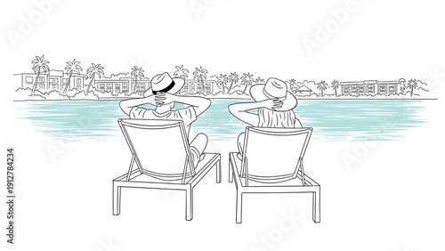 Relaxing beachside view: minimalist line art of two people lounging by