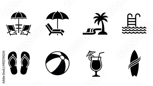 Silhouette summer icons: beach palm tree and pool elements