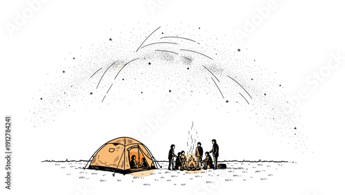 Night camping scene with tent campfire and stargazing in sketch style 