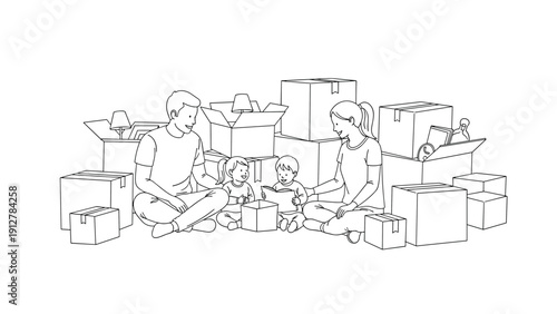 Family unpacking boxes together in new home - linear cartoon style