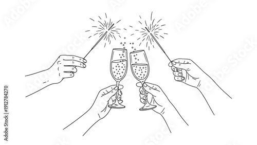Celebratory toast with sparklers in linear style