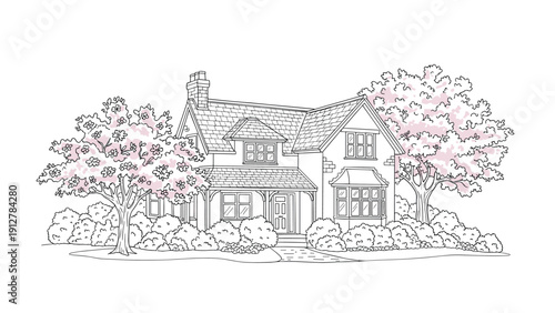 Charming country house with blooming trees in detailed black and white