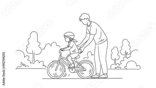 Father teaching child to ride bicycle in park - line drawing scene