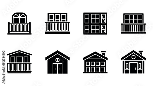 Black and white minimalist icons of balconies and houses