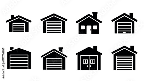 Set of black house and garage icons in minimalist silhouette style