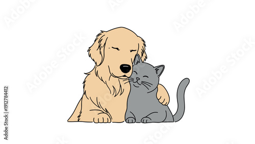 Adorable dog and cat cuddling in minimalist line art style