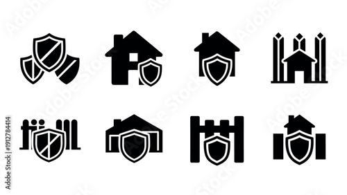 Home security icon set: black silhouette designs for safe living