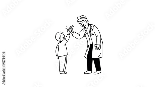 Child and doctor high five in minimalist black and white line art