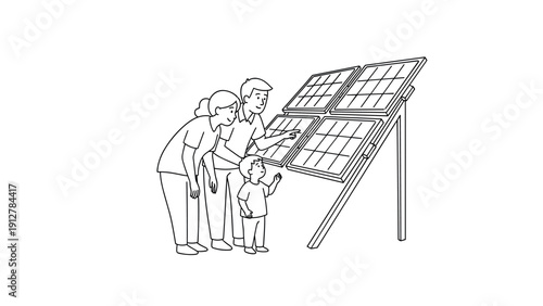 Family exploring solar panel technology in minimalist line art