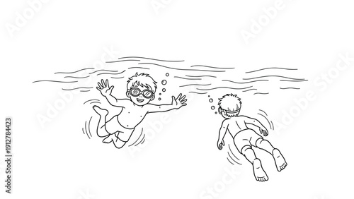 Line art of children swimming underwater with joyful expressions