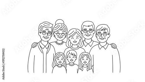 Happy family of three generations smiling together in minimalist line 