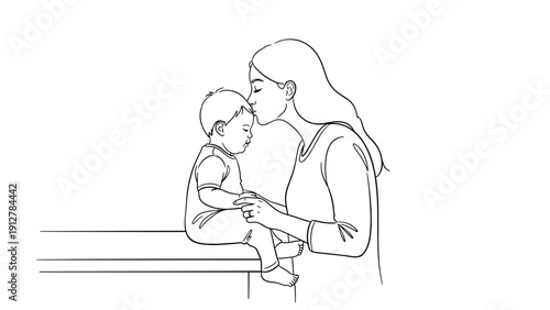 Tender moment between mother and baby in minimalist line art style