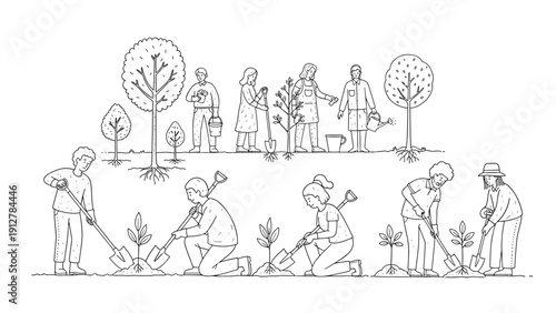 Community gardening: line art of people planting and caring for trees 
