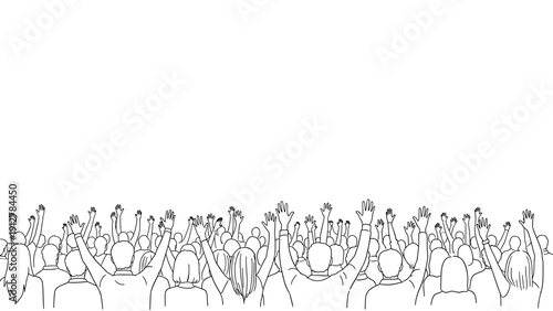 Crowd of people raising hands in excitement line drawing