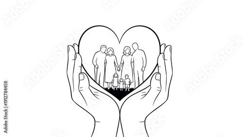 Linear family unity concept: hands holding heart with people inside
