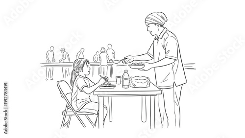 Community meal: volunteer serving food to child at table in line art s