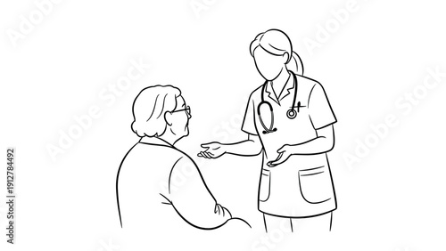 Healthcare professional engaging with elderly patient: line art of med