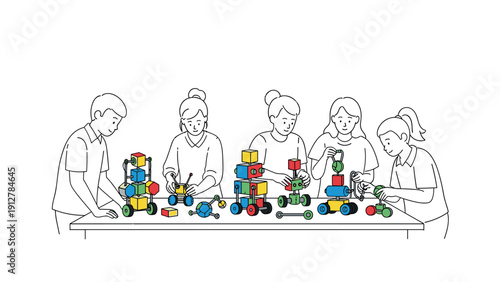 Children engaged in creative building activities with colorful blocks