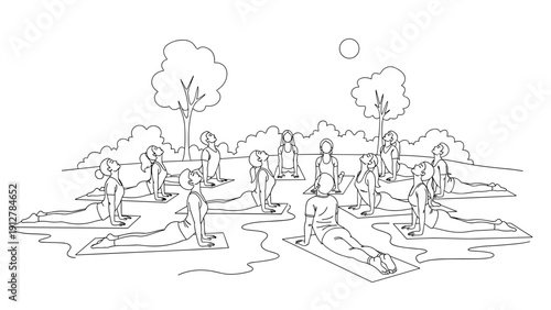 Yoga class in park: group doing upward-facing dog pose in calm outdoor