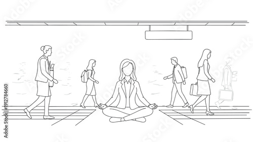 Serenity amidst chaos: businesswoman meditating in busy railway statio