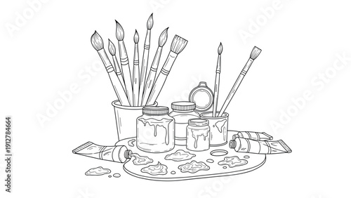 Art supplies sketch: paintbrushes tubes and jars in detailed line art