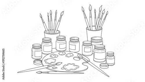 Art supplies for painting: palette brushes and paint jars in linear de