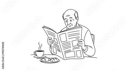 Elderly man reading newspaper with coffee and croissants in linear sty