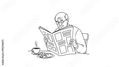 Elderly man reading newspaper with coffee and croissant in a calm sett