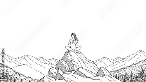 Tranquil meditation landscape with peaceful yoga pose on mountain
