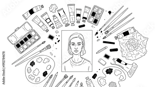 Art supplies and portrait sketch in monochrome linear style