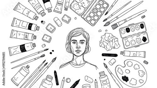 Creative artistic tools surrounding drawing of artist with brushes and