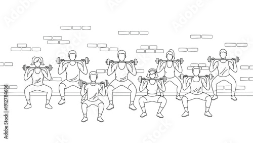Fitness class silhouette with dumbbells in gym setting against brick w