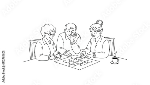 Older adults enjoying a puzzle game together in a linear style